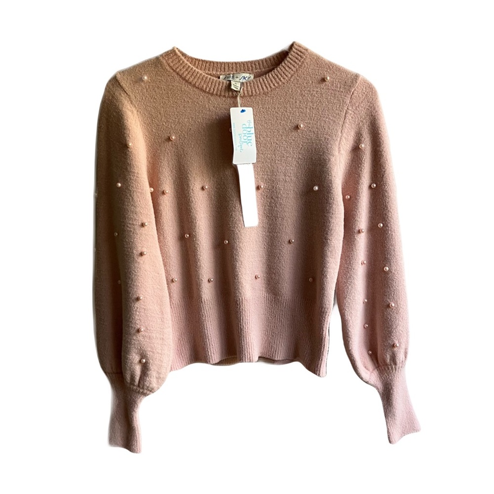 She + Sky Blush Pearl Sweater Size S Embellished Balloon Sleeves Fall Cozy Soft